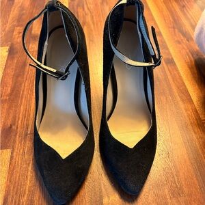 Black Suede Pointed Toe Ankle Strap Heels - Women